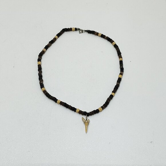 Shark Tooth Surfer Necklace Coconut Beads Natural Shell Black Stone Handmade VTG - Picture 1 of 7